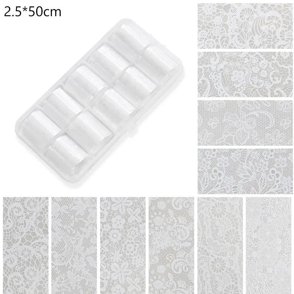 10 Rolls Black White Lace Nail Foil Transfer Stickers DIY Waterproof Nail Decoration Supplies Nail Accessorie - C