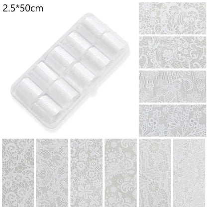 10 Rolls Black White Lace Nail Foil Transfer Stickers DIY Waterproof Nail Decoration Supplies Nail Accessorie - C