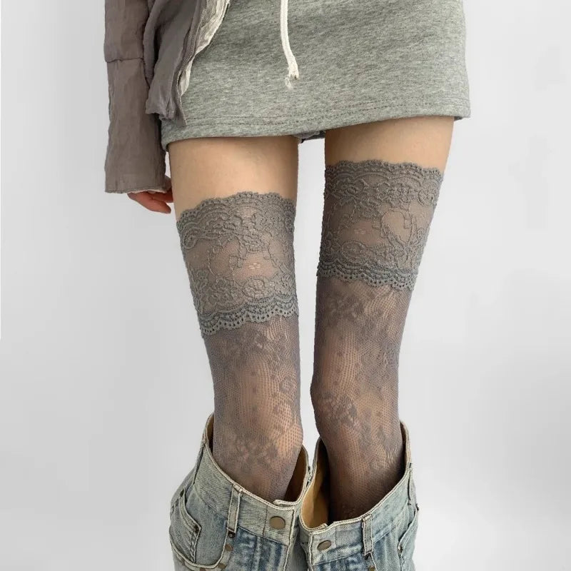 Women's Sexy Lace Floral Fishnet Stockings Costumes JK Lolita Thigh High Socks Nylon Mesh Breathable Over The Knee Stockings 