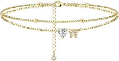 Ankle Bracelets for Women Waterproof 14K Gold Plated CZ Initial Dainty Layered Heart Anklets Foot Chain Summer Beach Jewelry 