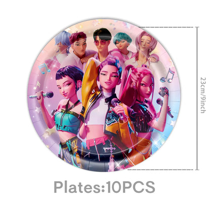 K-Pop Theme Disposable Tableware Set for Kids Birthday Baby Shower Party - Paper Plates Cups And Tablecloth with Birthday Ban