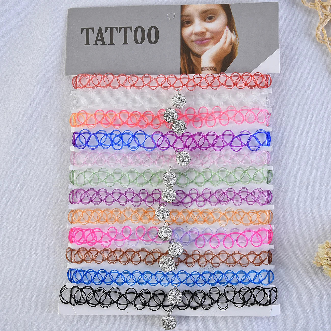12pcs/lot Vintage Hippy Stretch Tattoo Choker Necklace Elastic Chocker Necklace Fishing Line Tattoo Colorful Necklace - Style