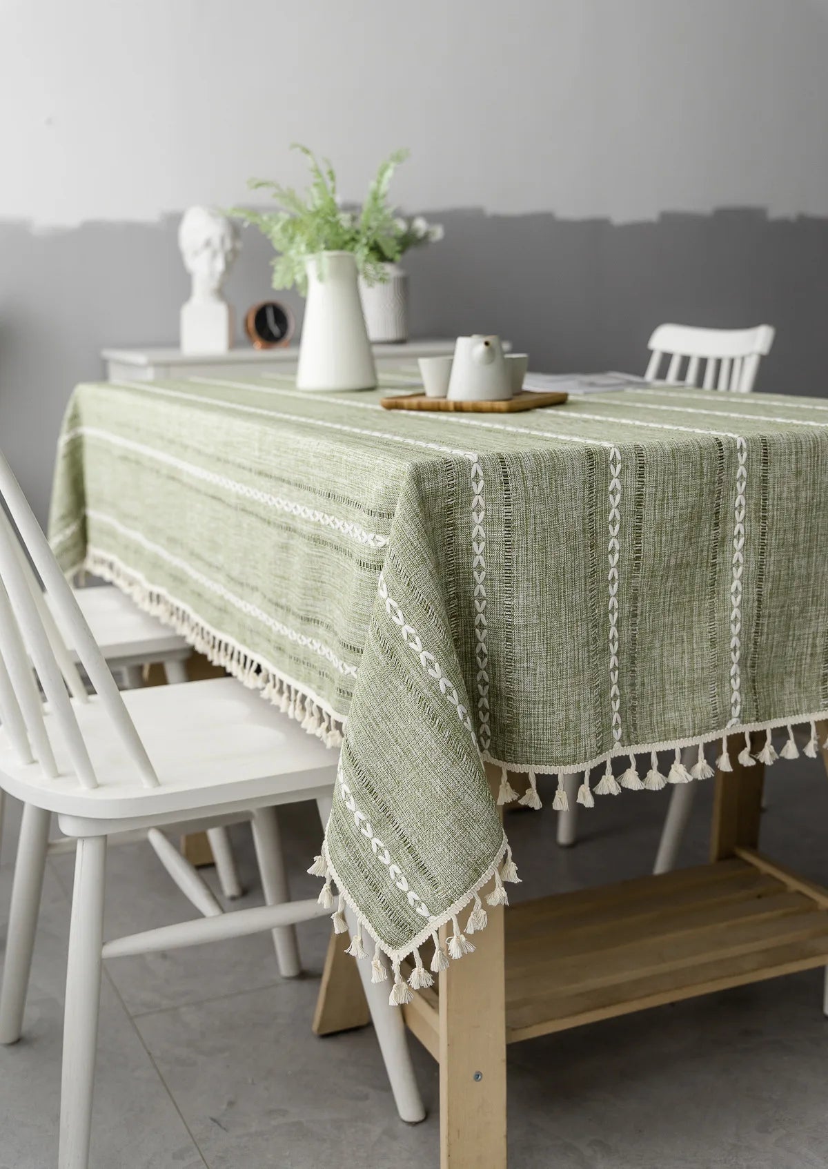 Cotton Linen Stripe Tassel Tablecloth Stain Resistant Dust-Proof Table Cover for Kitchen Dinning Tabletop Decoration Rectangu