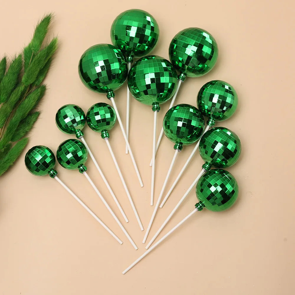 12pcs Silver Disco Ball Cake Topper 1970s Disco Theme Birthday Party Cake Decoration Cowboy Cowgirl Birthday Supplies - green