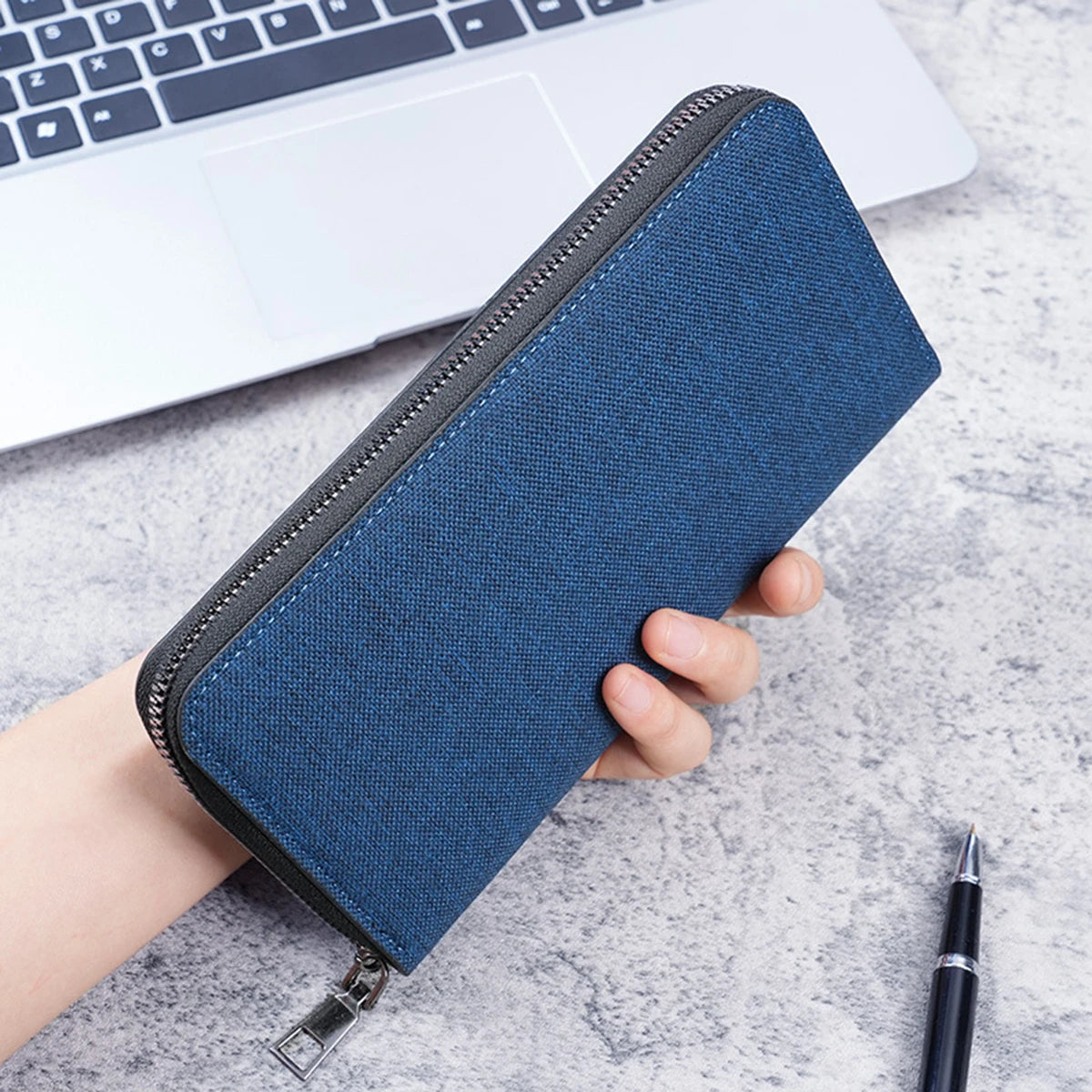 Men Long Wallet Large Capacity Multiple Card Slots Canvas Zippered Purse Business Handbag Card Holder Wallet Coin Bag - Blue