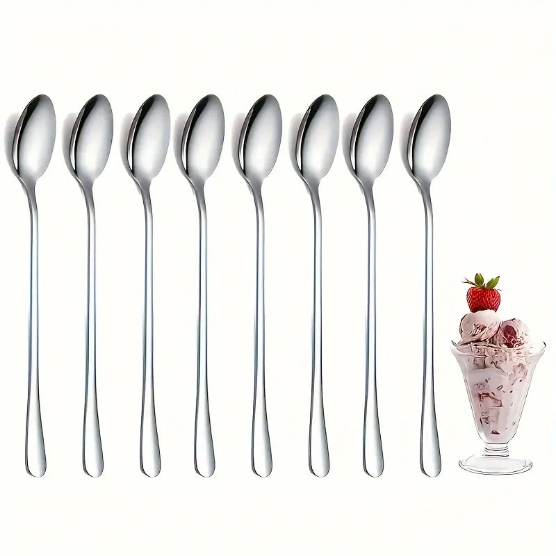 6Pcs Stainless Steel Long-Handled Ice Teaspoon, Coffee Spoon, Ice Cream Stirring Spoon, Dishwasher Safe, Kitchen Accessories,