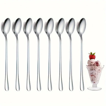 6Pcs Stainless Steel Long-Handled Ice Teaspoon, Coffee Spoon, Ice Cream Stirring Spoon, Dishwasher Safe, Kitchen Accessories,