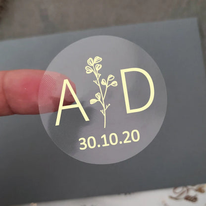 50 X Foiled Wedding Monogram Initials Stickers, Personalised Wedding Favour Labels, Custom Shiny Foil Gold Transparent - 109 