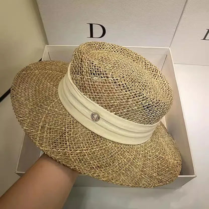 Boater Straw Hat wide brim French elegant square ribbon women's sun hat holiday straw hat 모자 햇빛 가리개 - 3
