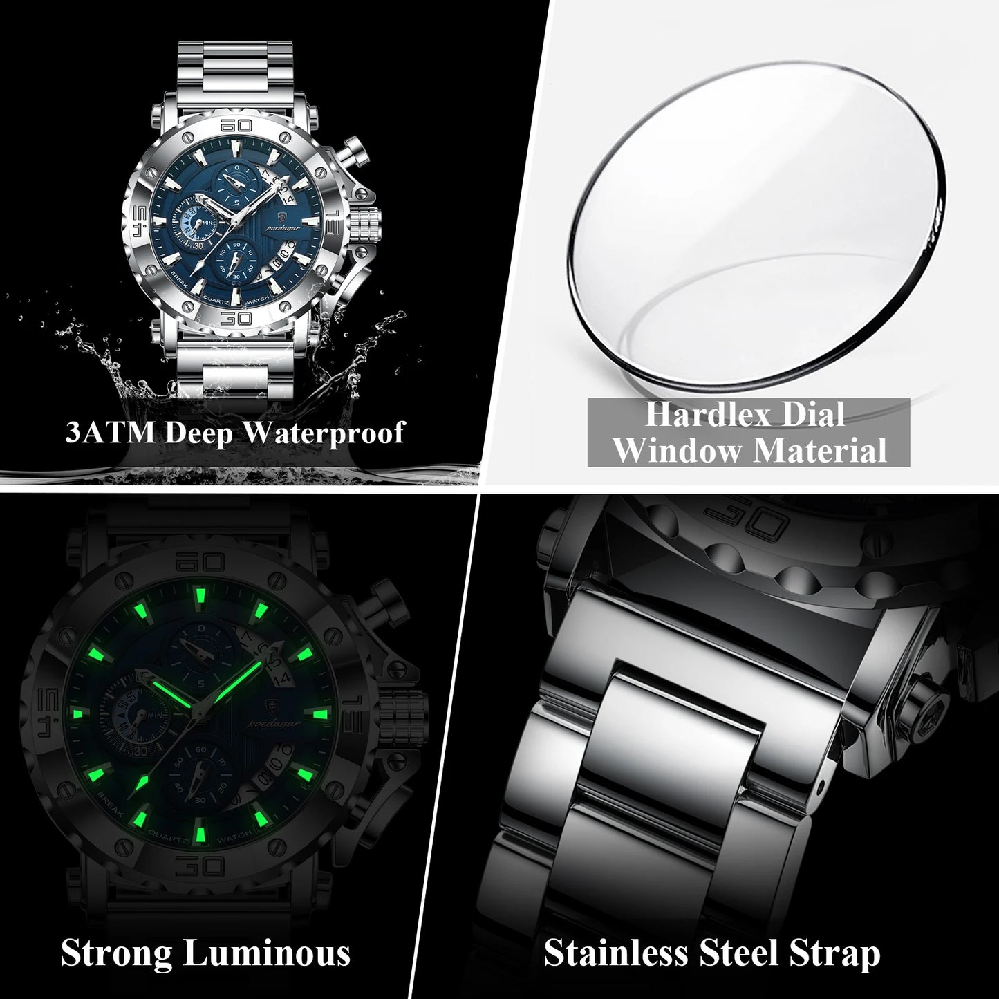 POEDAGAR Luxury Watch For Men Calendar Luminous Waterproof Man Clock Male Chronograph Stainless Steel Men's Quartz Watches Re