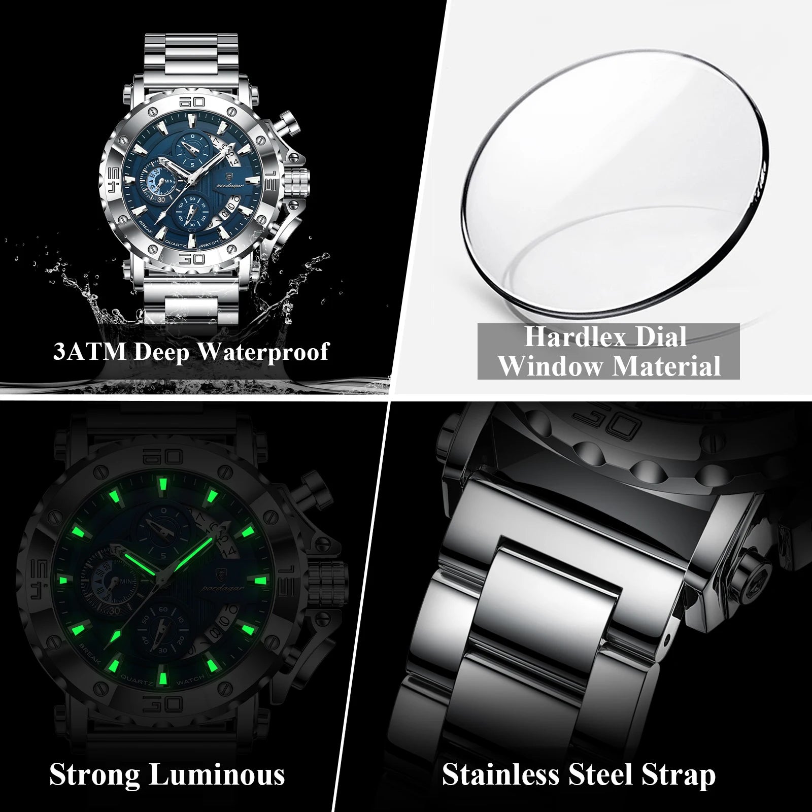 POEDAGAR Luxury Watch For Men Calendar Luminous Waterproof Man Clock Male Chronograph Stainless Steel Men's Quartz Watches Re