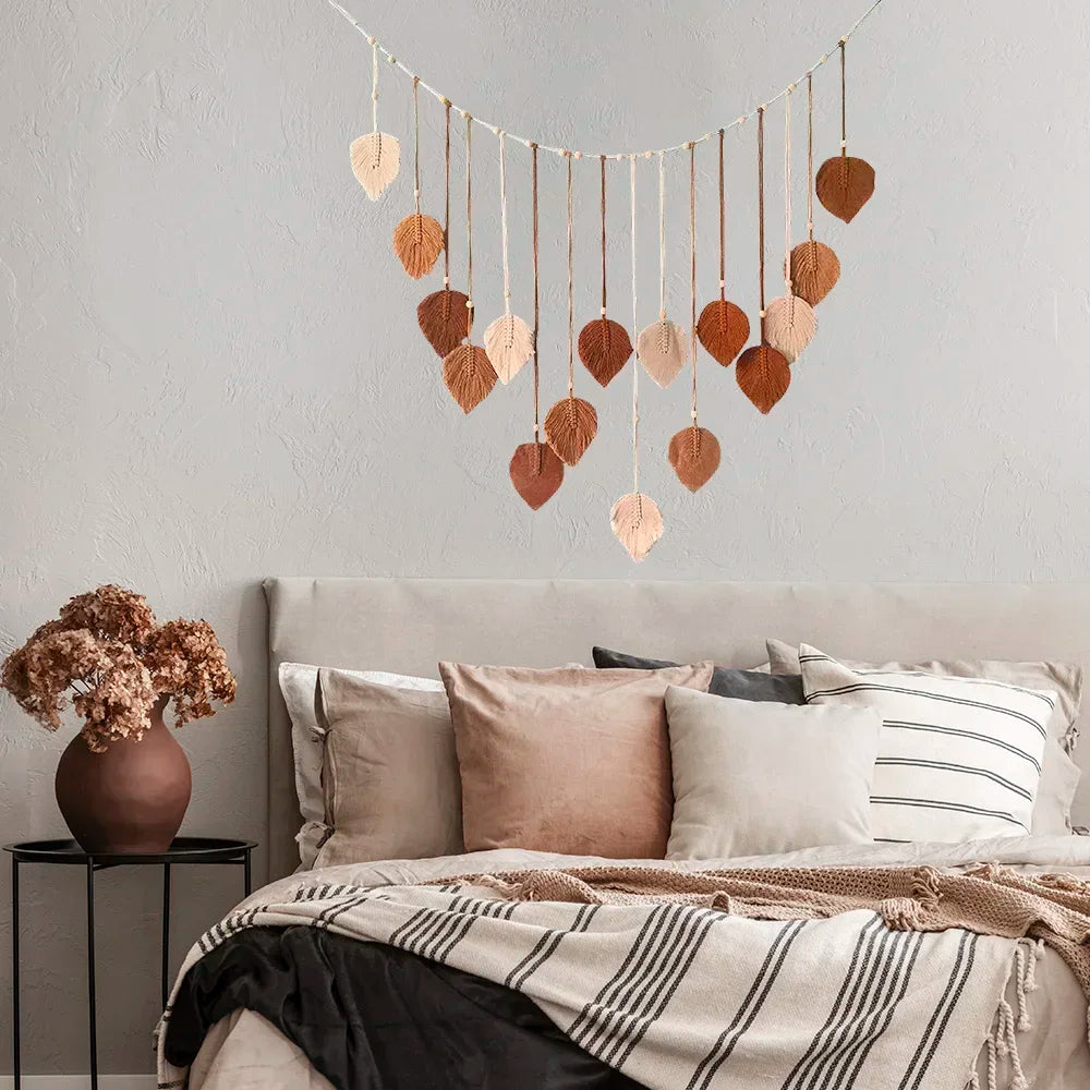 Boho Home Decoration, Macrame Tapestry Macrame Leaf Feather Wall Hanging Decor for Living Room Bedroom, Boho Wall Art Home De