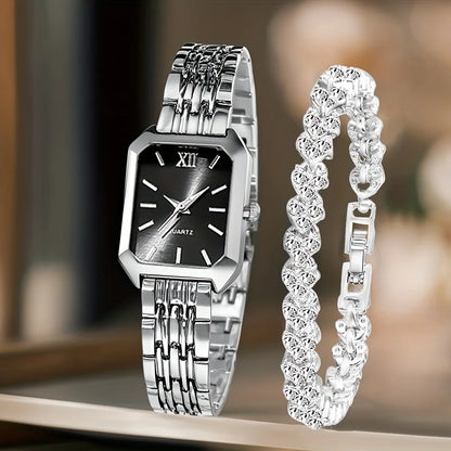 2PCS/Set Fashion Rectangle Women Quartz Watch Ladies Roma Dial Wristwatches Rhinestone Bracelet Set Reloj Mujer Girls Clock G
