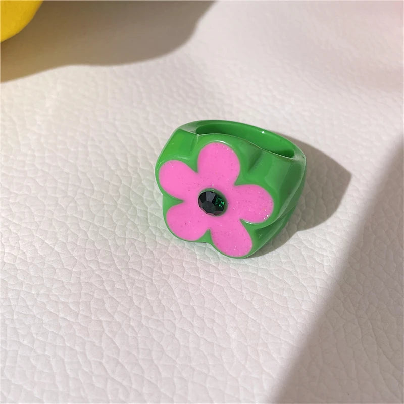 2022 New Sweet Multicolor Resin Oil Drip Ring for Women Geometric Oval Flowers Beads Rhinestones Ring Cute Jewelry HangZhi - 