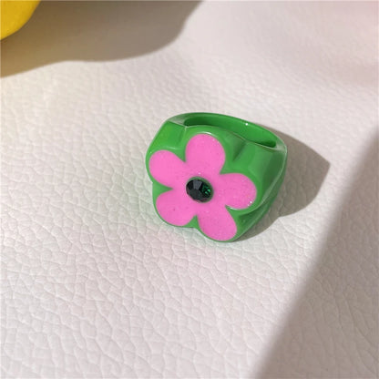 2022 New Sweet Multicolor Resin Oil Drip Ring for Women Geometric Oval Flowers Beads Rhinestones Ring Cute Jewelry HangZhi - 