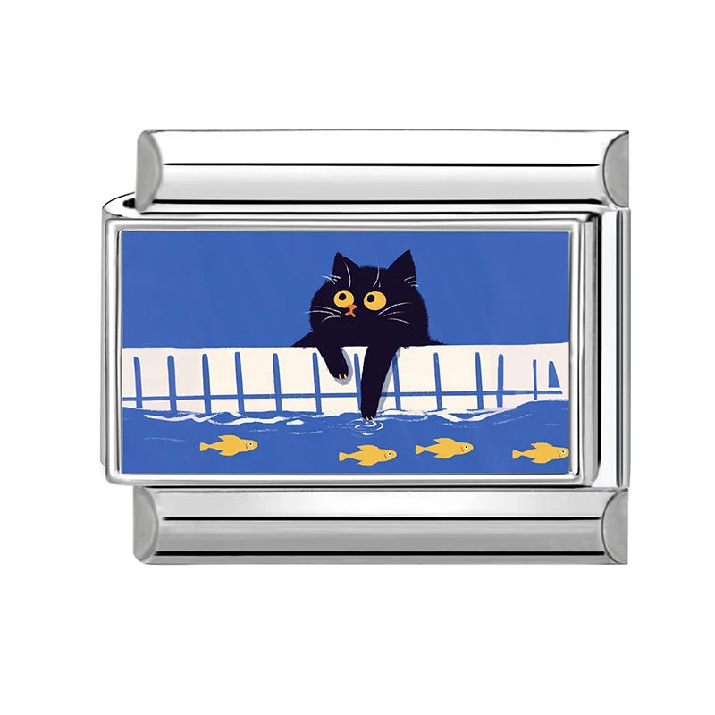 2026 New Women's Gift Cute Cat Looks at the cake Italian Charm Links Beads Fit 9mm Stainless Steel Modular Bracelet Jewelry G