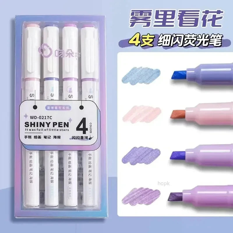 4 Colors/box Kawaii Glitter Highlighter Pen Pastel Fine Pastel Highlighter Marker Scrapbook Painted Stationery School Supplie