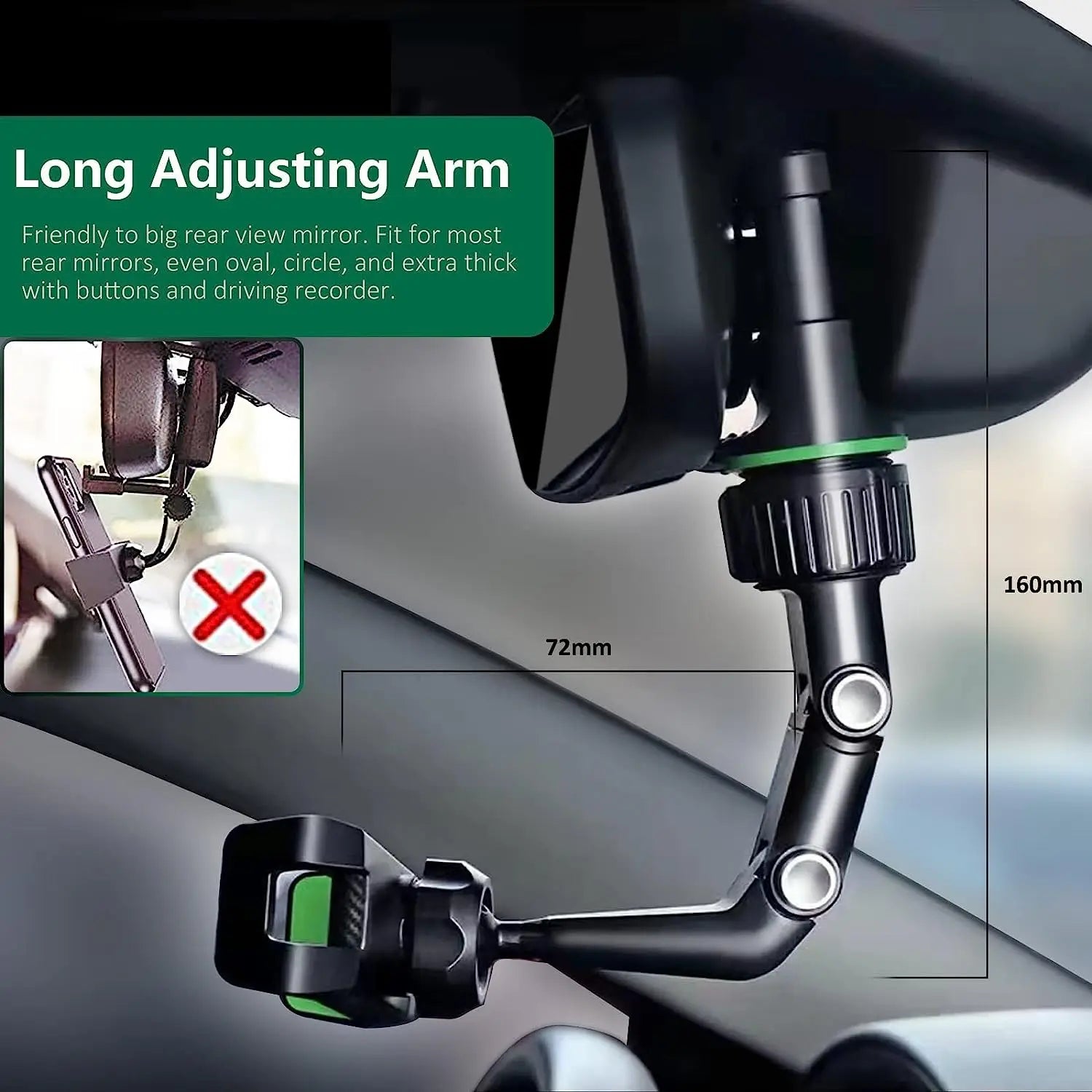 Rearview Mirror Phone Holder 360° Rotatable and Retractable Car Phone Mount Multifunctional Rear View Mirror Holder for All C