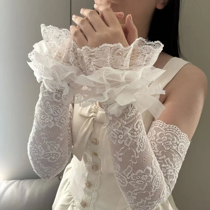 1 Pair Women Lolita Jk Lace Fingerless Gloves Black Gothic Fake Sleeves Trendy Elastic Long Lace Arm Sleeves Clothes Decorati