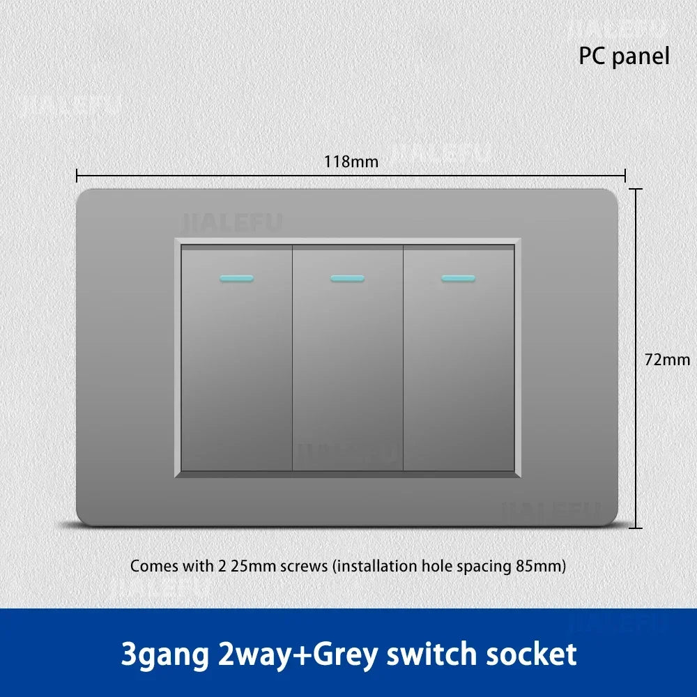 DELEFU 118*72mm PC Panel Parallel 3gang 2way Grey Black White Gold Wall Switch - PC Grey