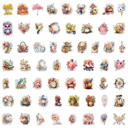 57 Pcs New "Adding Prosperity" Sticker Pack-Waterproof Transparent PET Journal Flower Supplies Decor(LanLanStickersWorld Stor