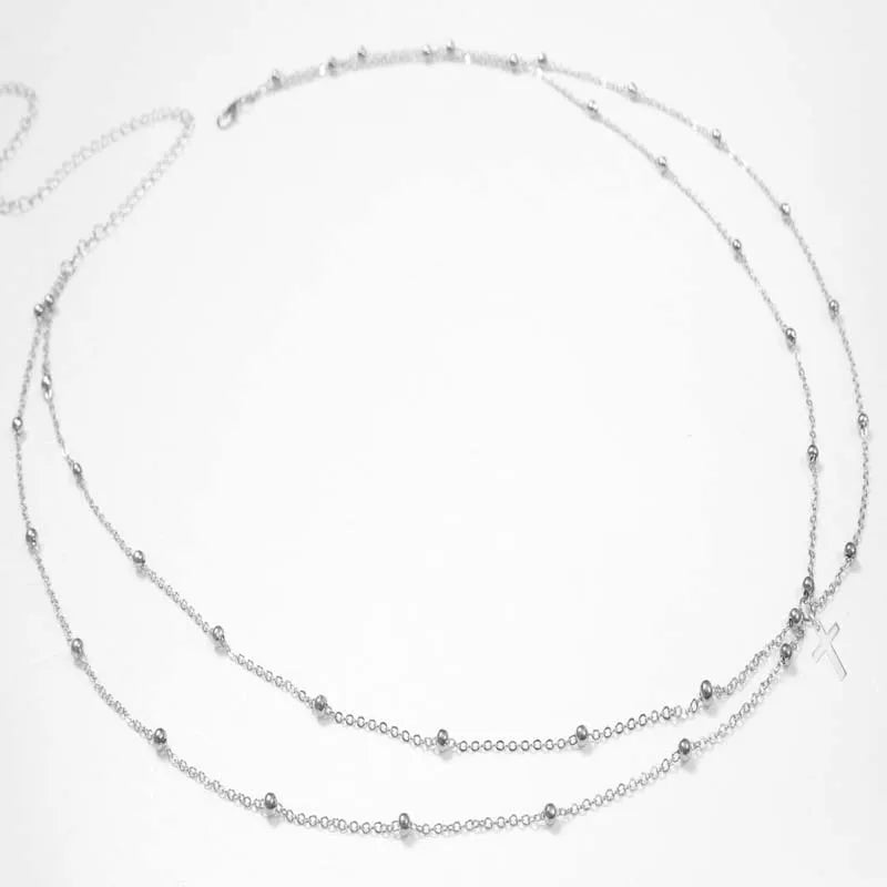 Fashion Double Layer Beaded Waist Chain for Women Simple Gold Color Metal Cross Round Bead Body Chain Bikini Jewelry Acessori