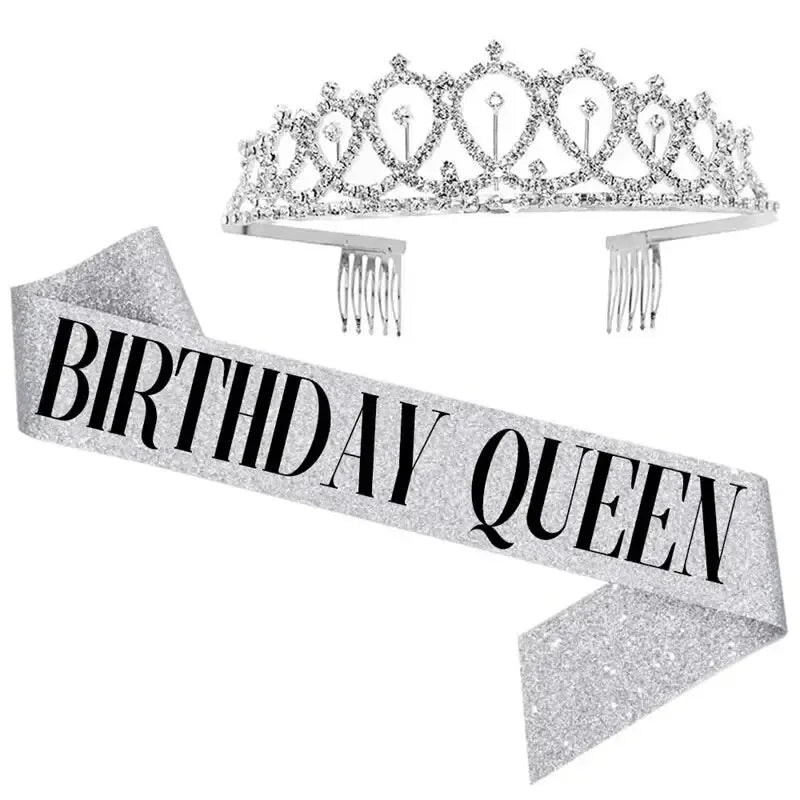 Bling Rhinestone Crystal Crown Tiara Birthday Anniversary Decoration Happy 18 21 30 40 50th Birthday Satin Sash Party Supplie