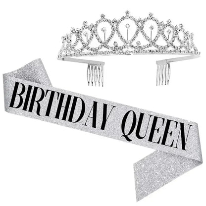 Bling Rhinestone Crystal Crown Tiara Birthday Anniversary Decoration Happy 18 21 30 40 50th Birthday Satin Sash Party Supplie