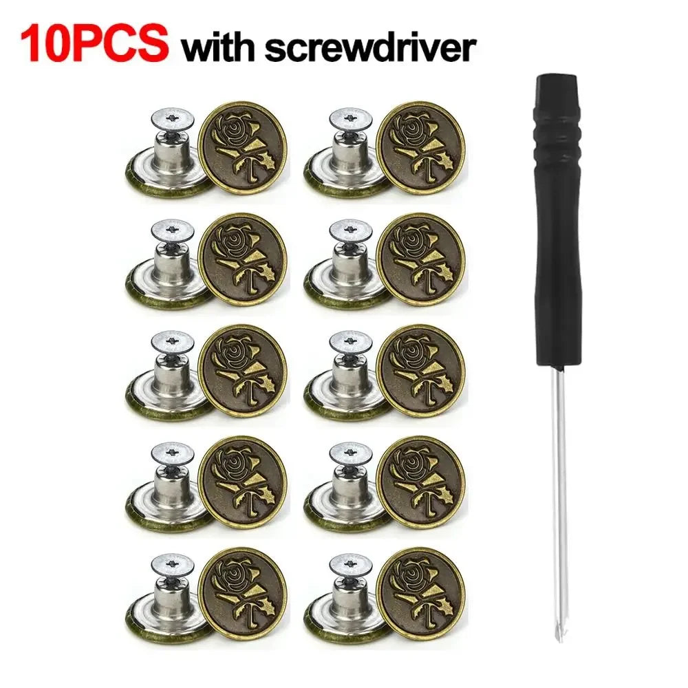 10Pcs Metal Jeans Buttons 17mm Replacement No-Sewing Screw Button Repair Kit Nailless Removable Jean Buckles Clothing Pants P