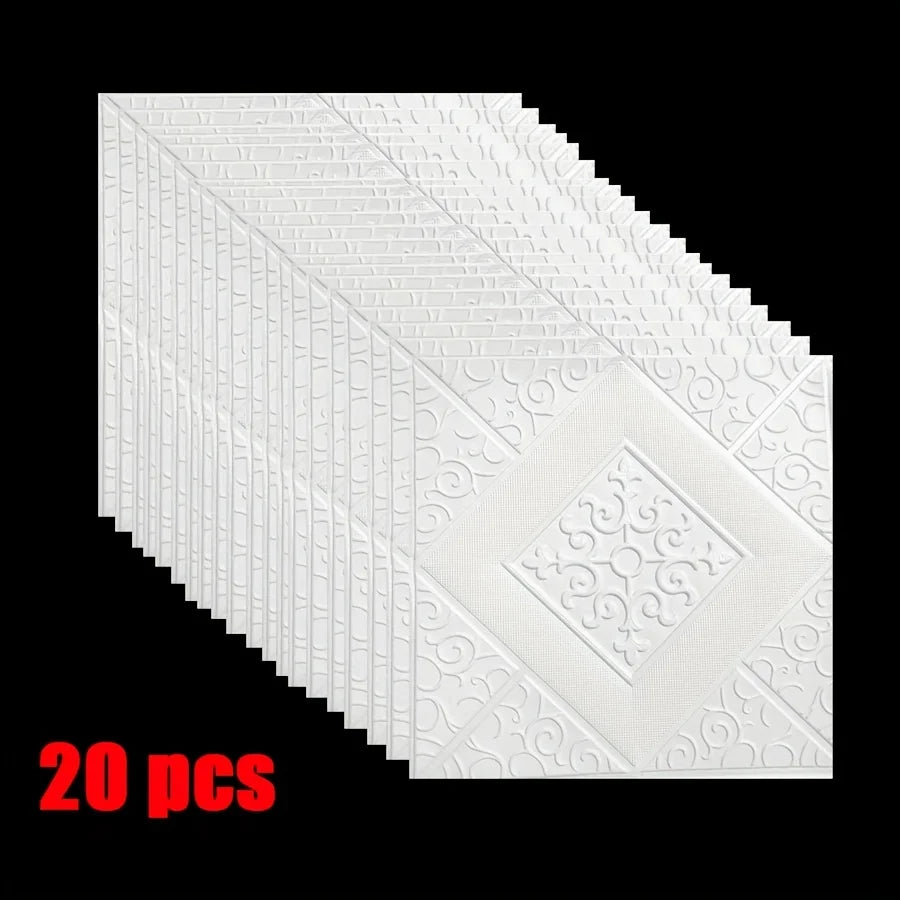 20pcs 3D Ceiling Wallpaper self adhesive wall decor Waterproof foam Design Sticker for bedroom wall sticker paper - white