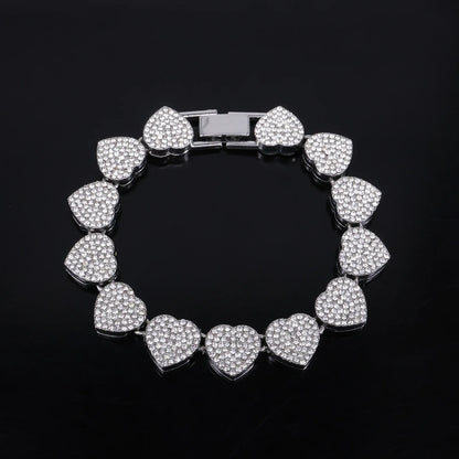ZAKOL 45CM New Hip Hop Tennis Chain Bracelet Necklace Shiny Heart Rhinestone CZ Fashion Rock Party Jewelry Set - Sliver Color