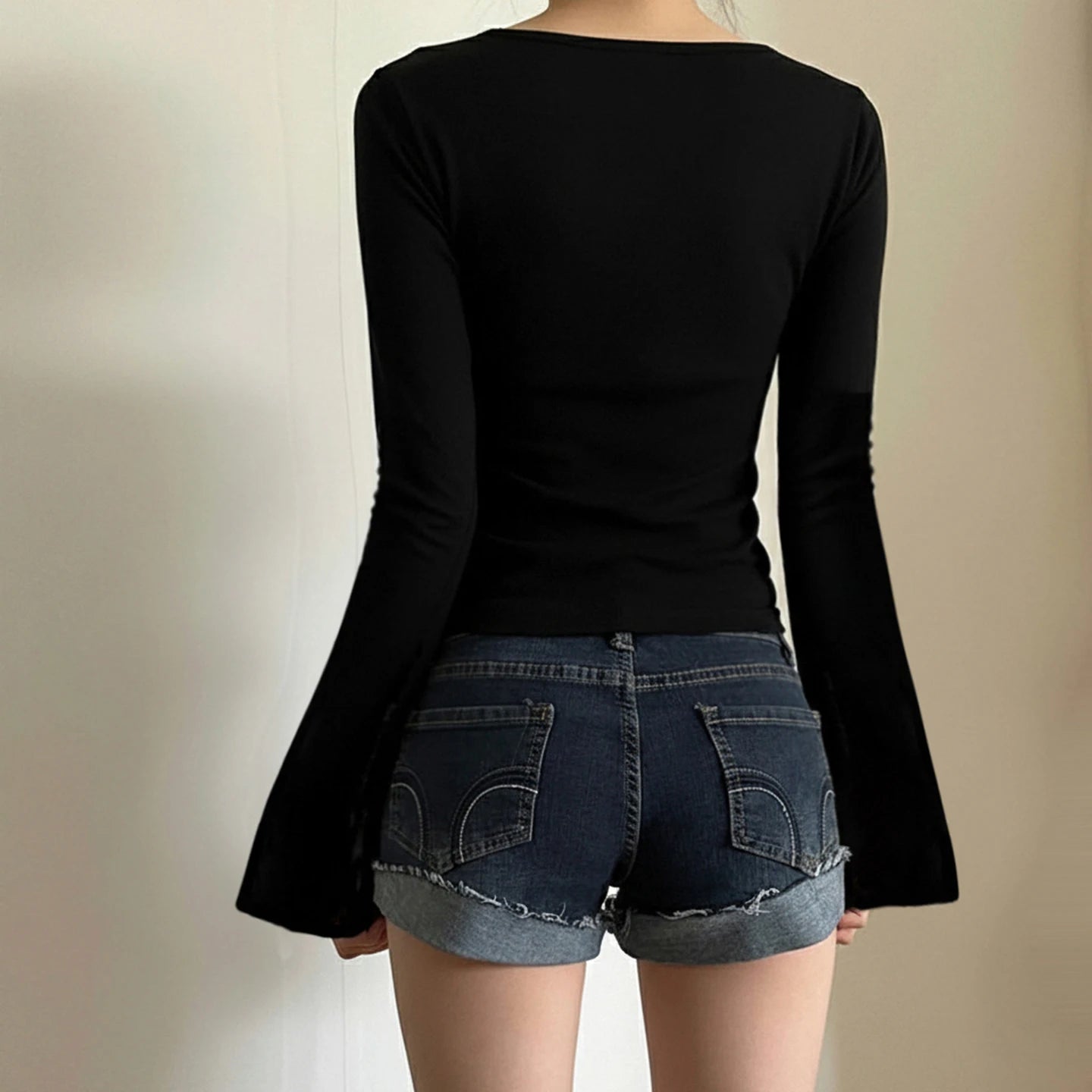 SUCHCUTE Women Solid Lace Trim Patchwork Button Flared Sleeves Shirt Casual V Neck Knit Top Y2k Aesthetic Fall Clothes Fairyc