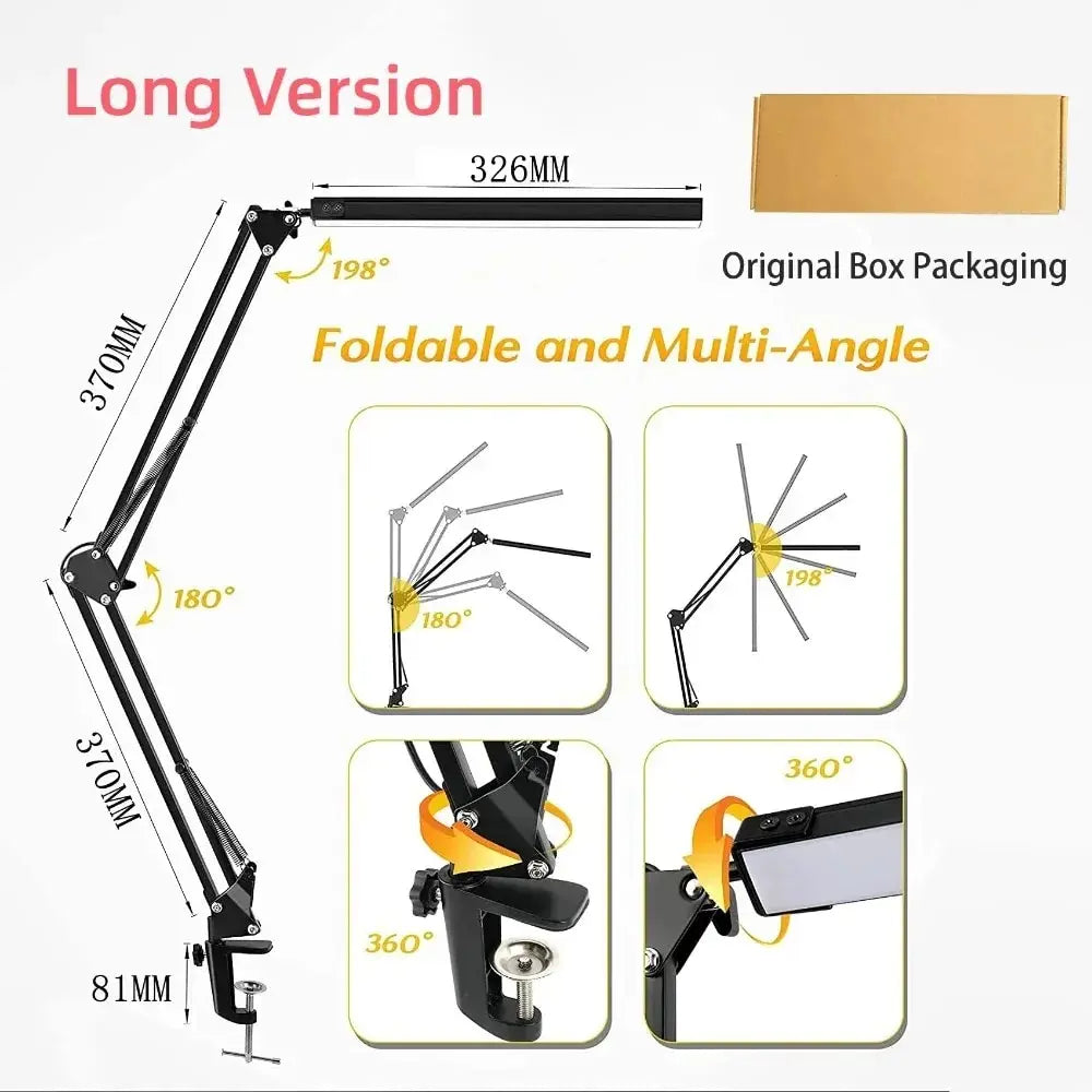 LED Folding Metal Desk Lamp Clip on Light Clamp Long Arm Diming Table Lamp 3 Colors Adjustable For Living Room Reading Comput