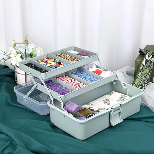 3-Layer Plastic Dividing Storage Box Craft Organizer and Storage with Adjustable Spacers Portable Handled Art Supply Organize