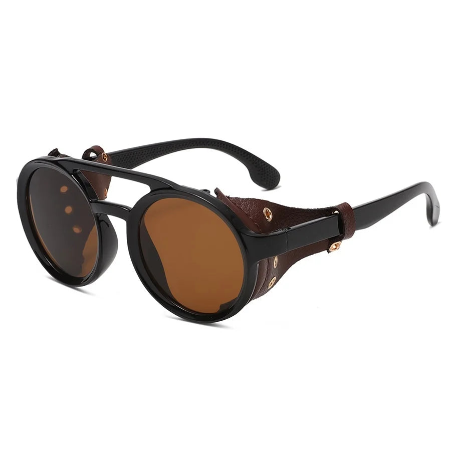 Retro Sunglasses Men Women Leather Round Glasses Vintage Goggles Anti Wind Outdoors Sports Sun Glasses UV400 - Black Brown