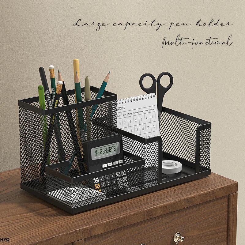 Mesh Desk Organizer Office Supplies Caddy with Pencil Holder and Storage Baskets for Desktop Accessories, 3 Compartments, Bla