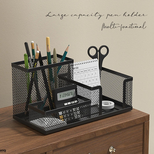 Mesh Desk Organizer Office Supplies Caddy with Pencil Holder and Storage Baskets for Desktop Accessories, 3 Compartments, Bla