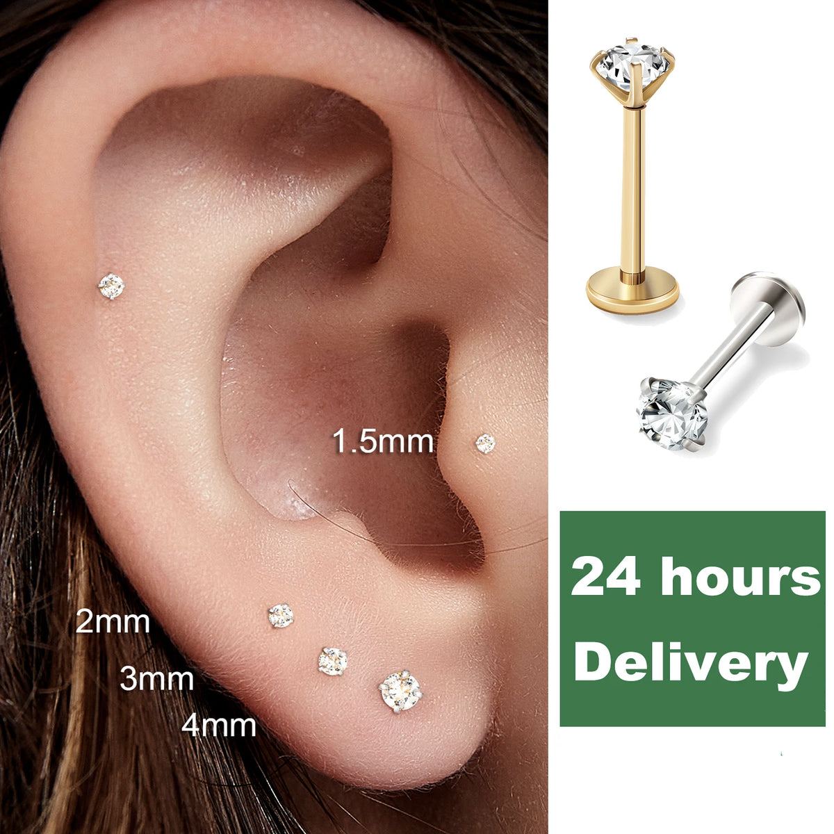 2/8PCS Stainless Steel Eearring Nose Stud Cartilage Piercing Jewelry Helix Tragus Lip Flat Back Tiny Earrings for Women 18G