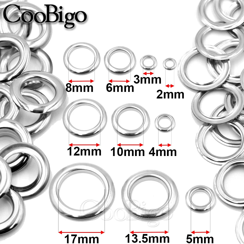 100 Sets Metal Eyelet Grommet Ring Kit for Garment Canvas Sewing Accessories Silver 2mm 3mm 4mm 5mm 6mm 8mm 10mm 12mm 14mm 17