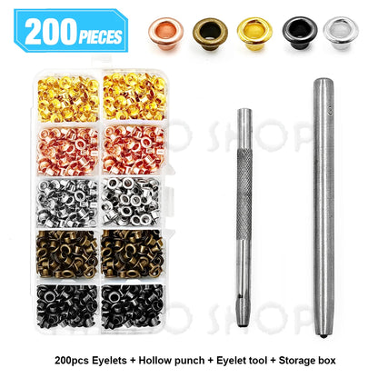 200pcs Metal Eyelet Gromment Kit Eyelet Punch Install Tool Set With Storage Box For LeatherCraft Shoes Belt Cap Bag Tags Clot