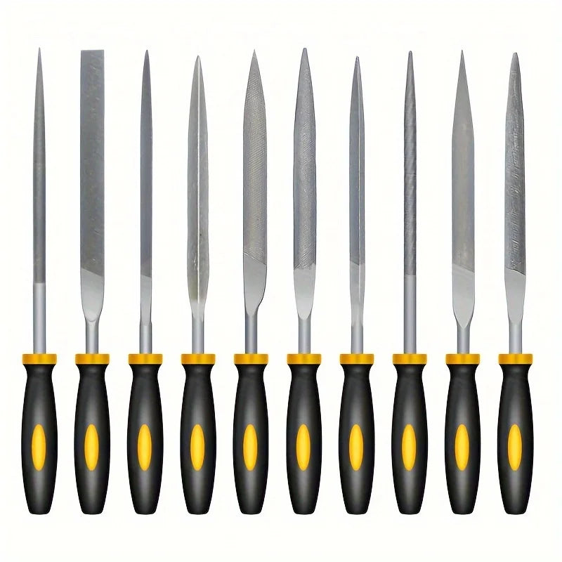 High-Carbon Steel Precise Needle File Set - Premium Kit with Non-Slip Ergonomic Handles, for Wood/Plastic/Model Filing - 10PC