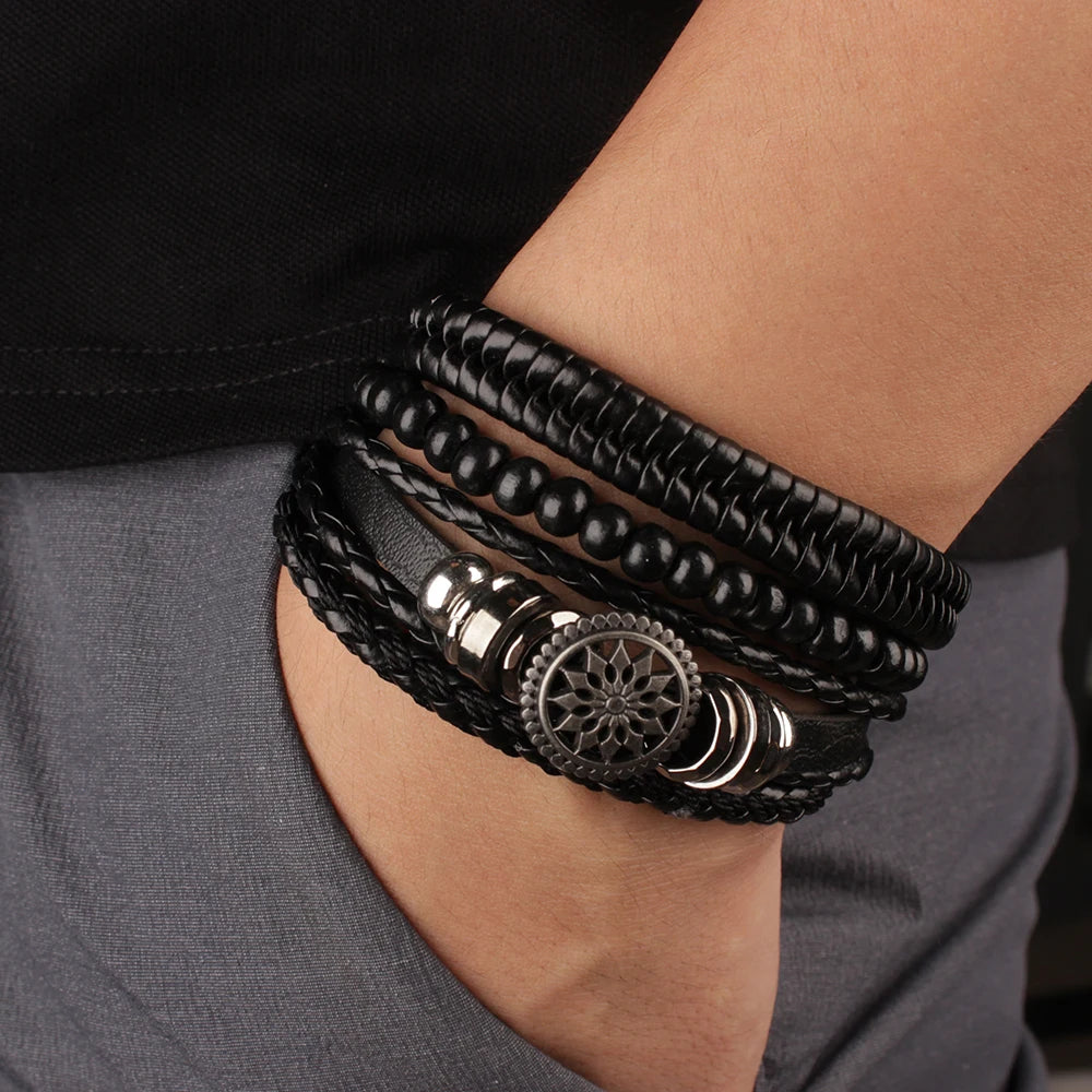 4Pcs/ Set Braided Wrap Leather Bracelets for Men Vintage Life Tree Rudder Charm Wood Beads Ethnic Tribal Wristband Rope Brace
