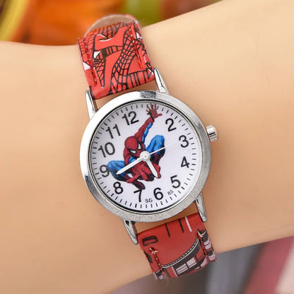Disney SpiderMan Watch Cute Cartoon Watch Kids Watches Boys Christmas Gift Leather Quartz Watch - Red