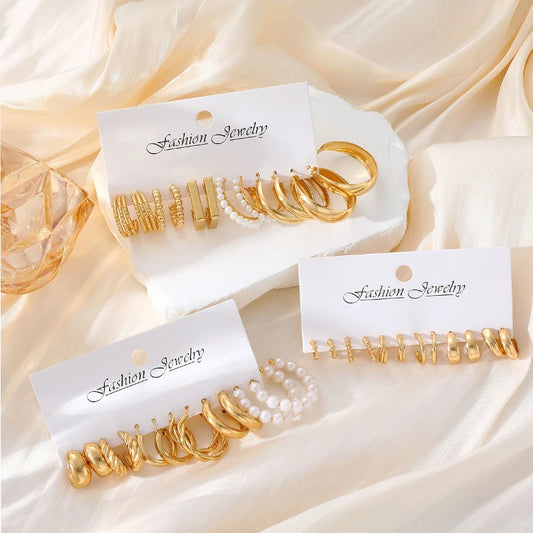 Fashion Geometric Hoop Earrings Set for Women Vintage Bohemian Pearl Gold Color Round Earring Punk Daily Wear Jewelry Gifts 2