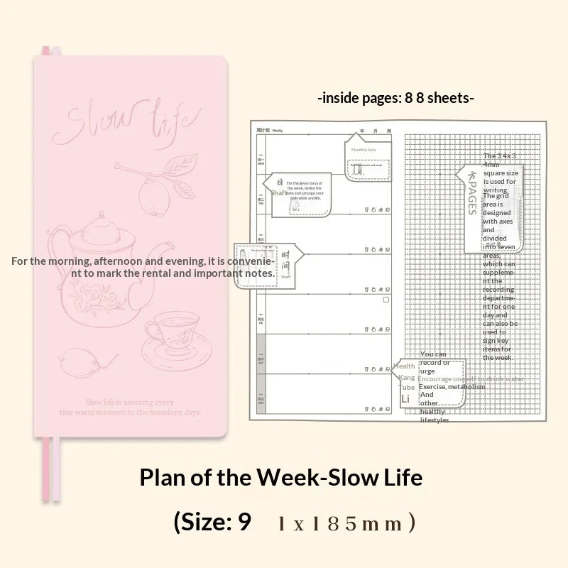 Kinbor Cute Agenda Undate Weekly Daily Planner Slim Illustrated Self-fill Notebook Weekly To Do List Hardcover Two Page Per W
