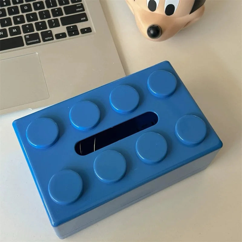 1PC Creative Cartoon Building Block Tissue Box with High Aesthetic Value for Household Napkins Paper Drawer Storage Box - Blu
