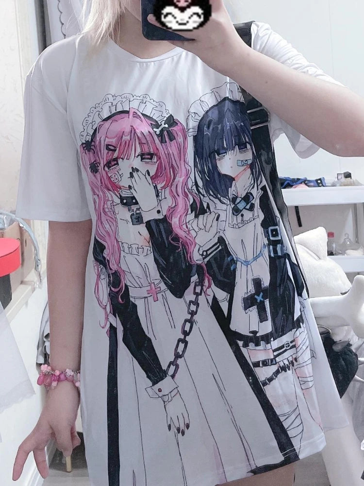 KOSAHIKI Y2k Aesthetic Cute Cartoon Print Round Neck Short-sleeved T-shirt Women 2026 Casual Loose Top Japanese Kawaii Tees