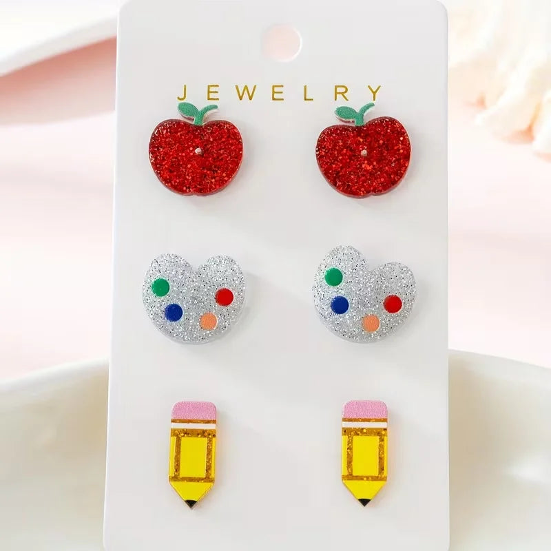 3 Pairs/Set Teacher's Day Colorful Apple Painting Pen Design Women's Jewelry Earrings Set, Gift for Teachers and Classmates