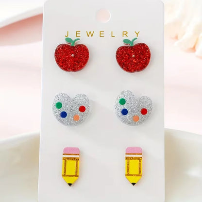 3 Pairs/Set Teacher's Day Colorful Apple Painting Pen Design Women's Jewelry Earrings Set, Gift for Teachers and Classmates
