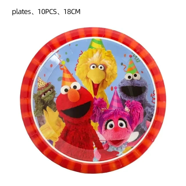 Cartoon Sesames Street Birthday Party Decor Elmo and Friends Theme Tablecloth Plate Balloon Set Cake Decor Baby Shower - 10PC